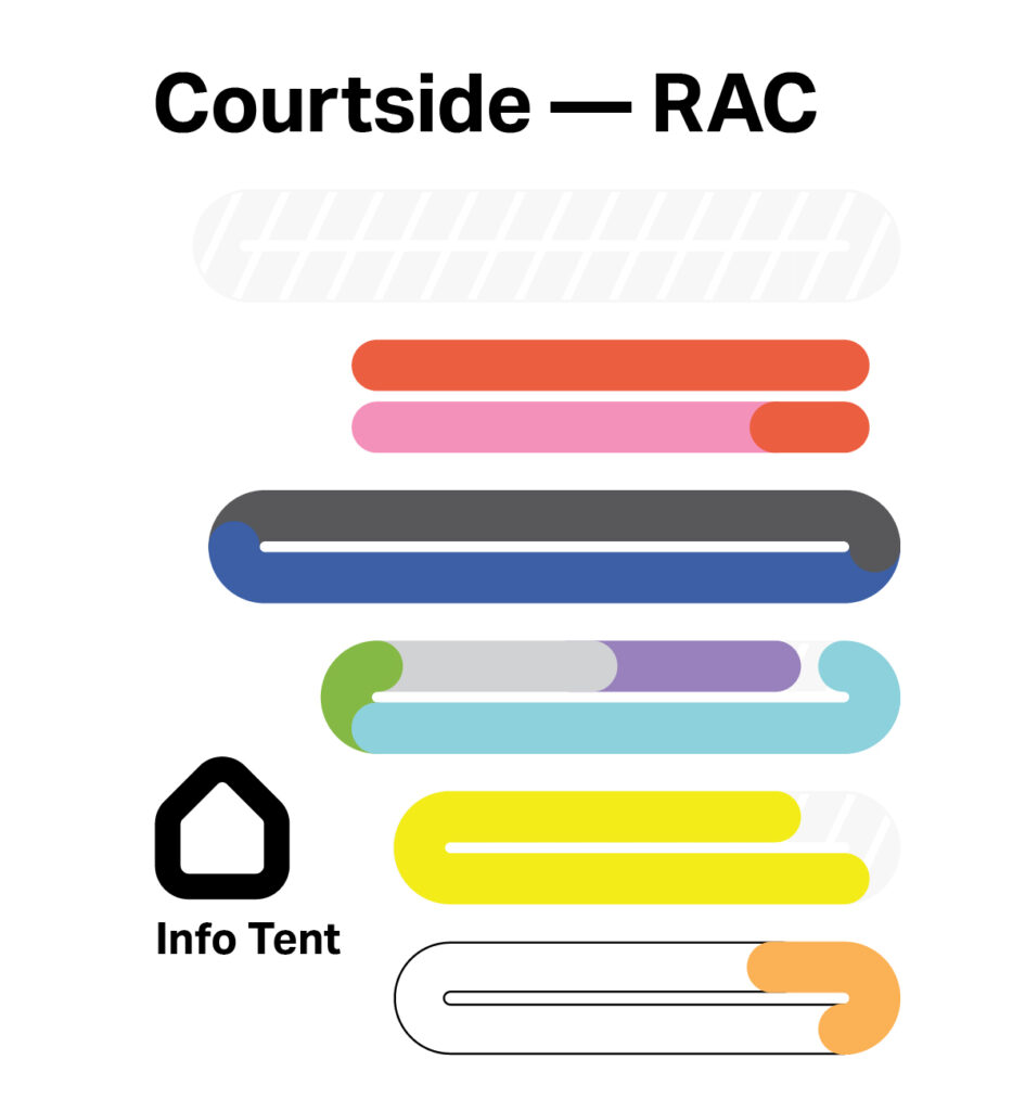 Map for courtside of the RAC for the morning shift, showing rows of tables color coded. From top down rows: Two rows with diagonal lines indicates empty tables. Next, a row of red (Academic and Dept. Honor Societies) then a row of pink (Intellectual Sports) with the red at the end. Dark gray (Sports & Recreation), followed by dark blue (Hobbies). Next a multicolored row of green (Political/Governance), grey (Fraternities & Sororities), and purple (Service & Social Action). Light blue (Religion & Spirituality), next two rows of yellow (Career & Professional) with a white (Cultural & Ethnic) right hand side endcap. At the bottom, a black-outlined white (Cultural & Ethnic) row ends in an orange (Media & Performance) section. A black house-shaped icon labeled Info Tent is at the lower-left.