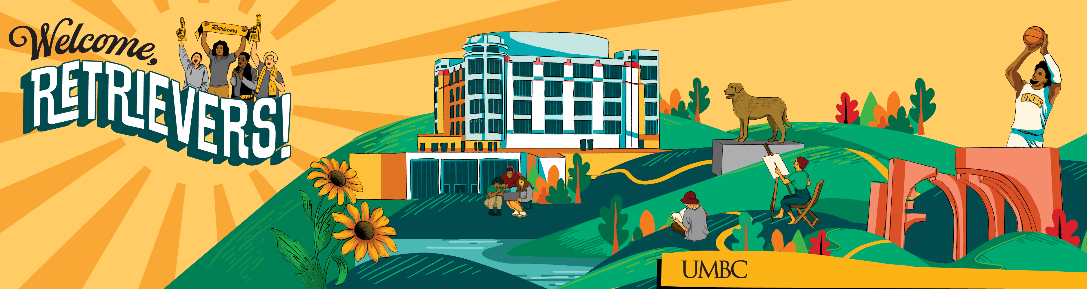 Welcome, Retrievers! Illustration stylized like a postcard featuring the AOK library, True Grit Statue, a basketball player, artists, and students in rolling hills. Black eyed susans decorate the space with cheering students popping out of the title.