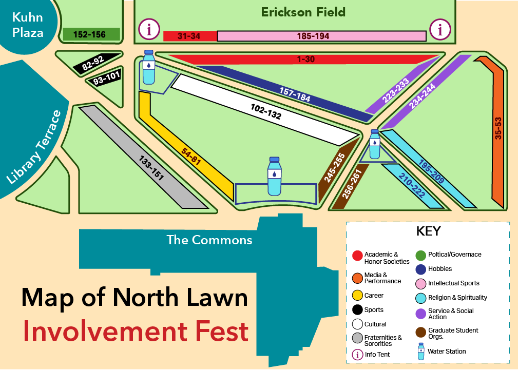 Map of North Lawn for Involvement Fest detailing color-coded booth number locations for student organizations around Erickson Field, Library Terrace, and The Commons.